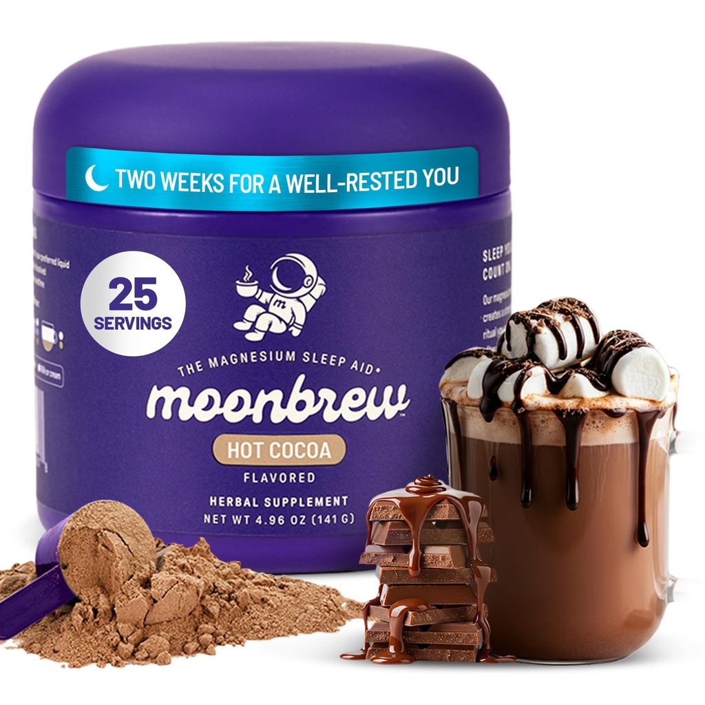 MoonBrew Magnesium Hot Cocoa Sleep Aid - Melatonin-Free Nighttime Drink Mix with Zinc Glycinate & Taurate - Sugar-Free Sleepy Hot Chocolate for Relaxation, Stress & Deep Rest - 25 Servings