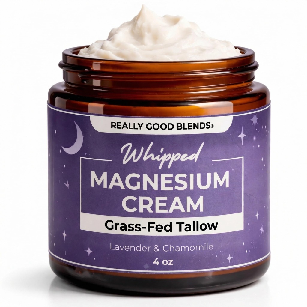 Really Good Blends Magnesium Cream with Grass-Fed Tallow – Soothing Muscle Relief & Sleep Support, All-Natural Night Balm for Leg Cramps, Restless Legs & Tension – 4 oz (Lavender + Chamomile)