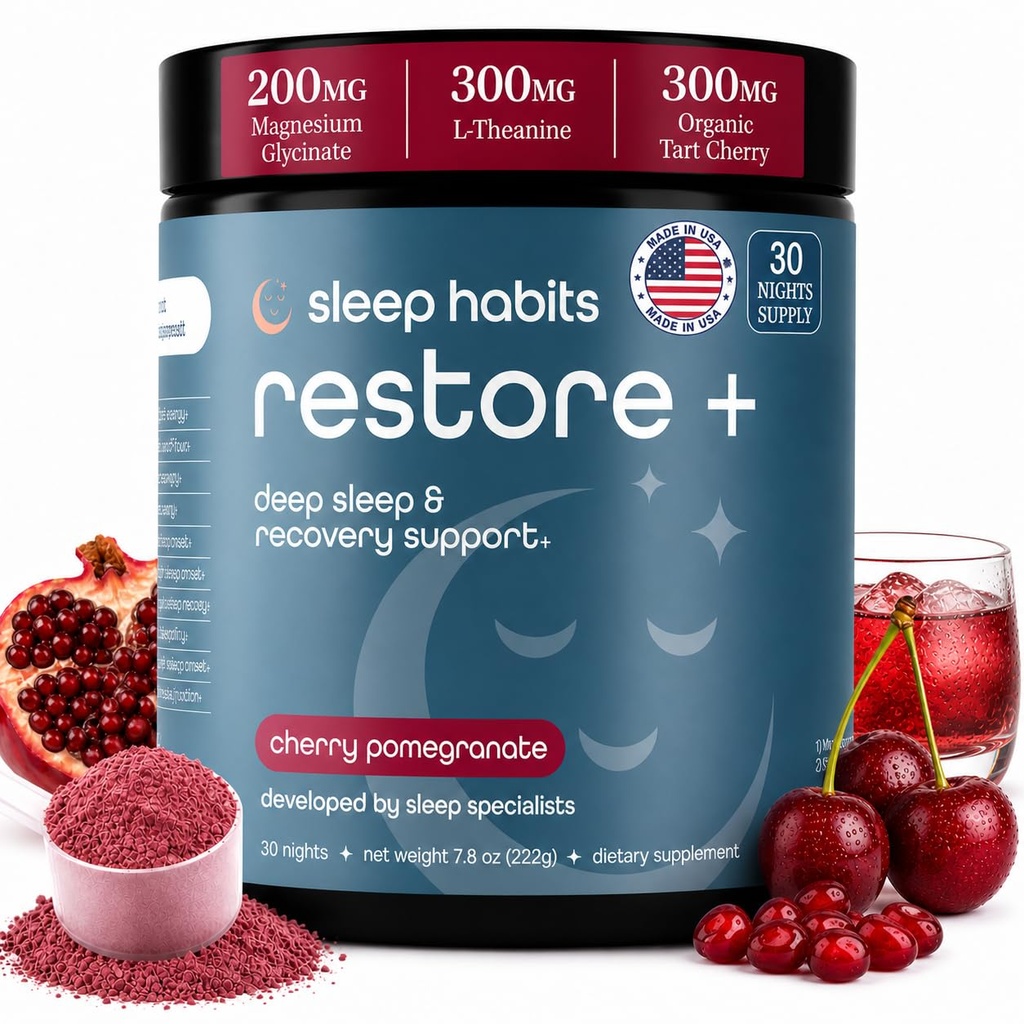 SleepHabits Restore | 30 Nights Magnesium Glycinate Powder Natural Sleep Aid with L-Theanine, Tart Cherry, Beet Root, | Calm Melatonin-Free Deep Sleep Supplement Drink for Recovery & Clear Mornings