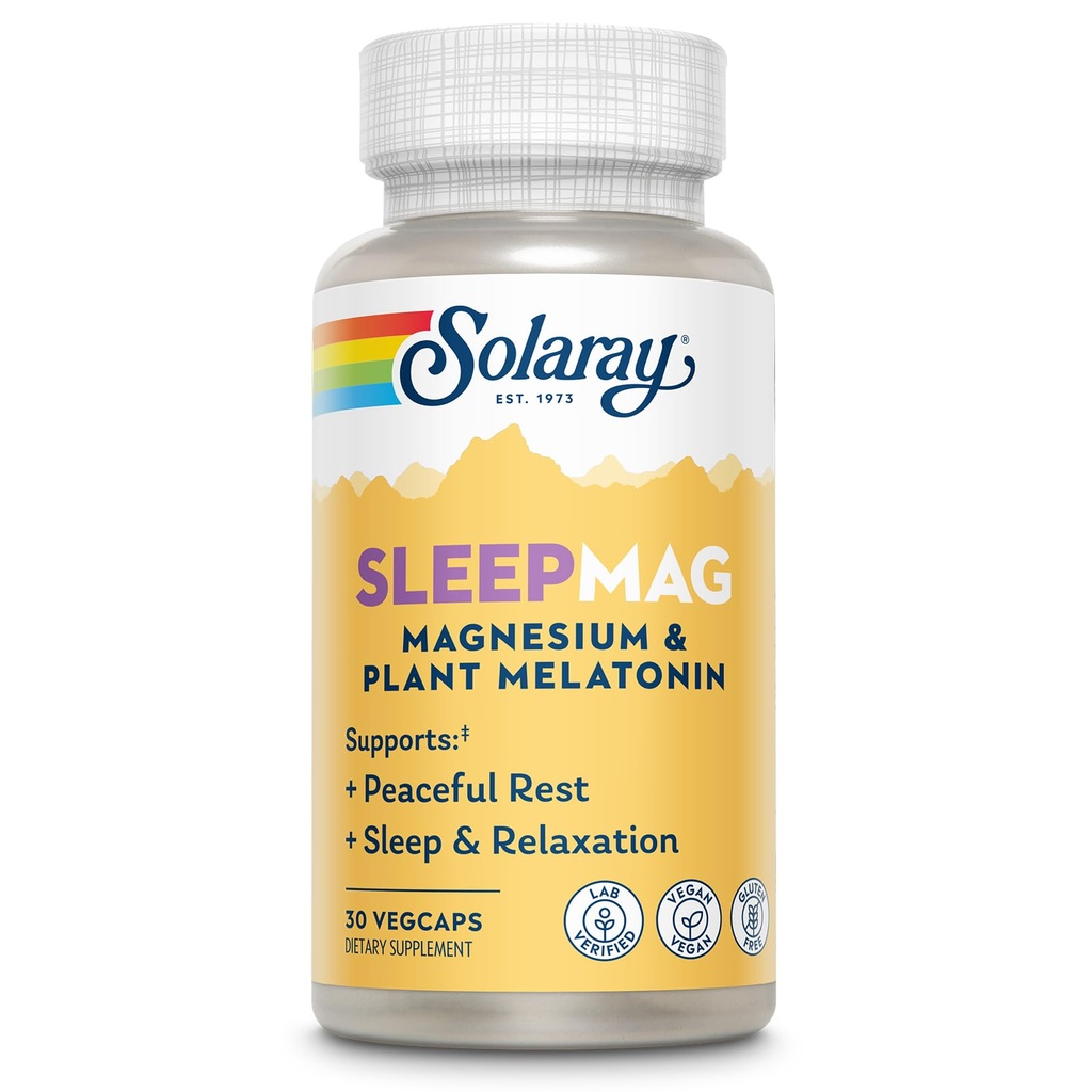 Solaray SleepMag – Magnesium Glycinate & Melatonin 1 mg Sleep Aid - Relaxation & Restful Sleep Support – Plant-Based Melatonin and Magnesium Bisglycinate, Vegan, Gluten Free – 30 Servings, 30 VegCaps