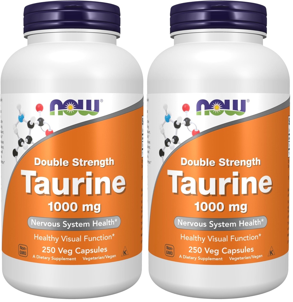 NOW Foods Supplements, Taurine 1,000 mg, Double Strength, Nervous System Health*, 250 Veg Capsules,(Pack of 2)
