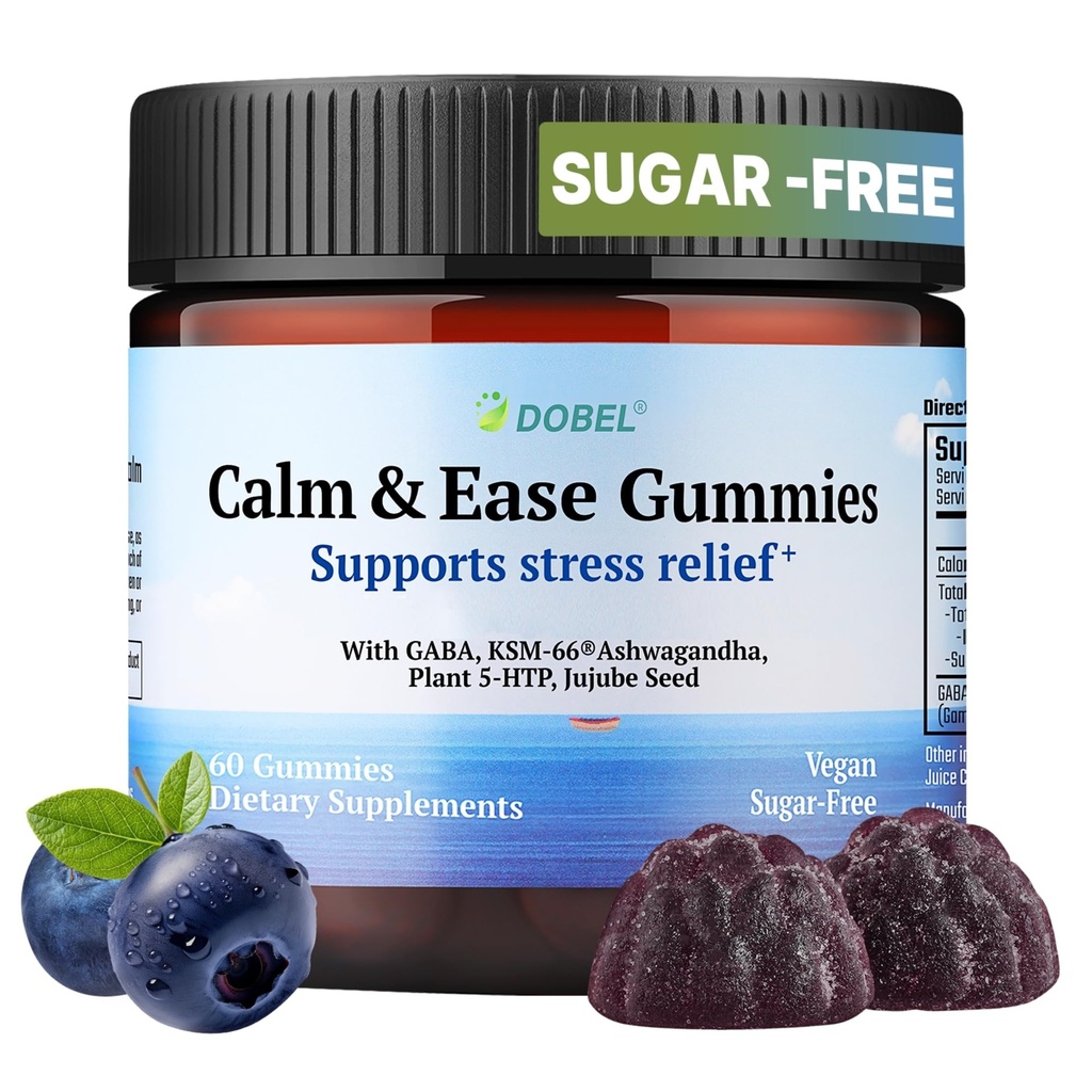 Dobel - Calm & Sleep Gummies for Adults | Calming Gummies with GABA, 5-HTP & Ashwagandha KSM-66, Sugar-Free, Vegan Bedtime Wind-Down Support, Natural Blueberry Flavor - 60 Count