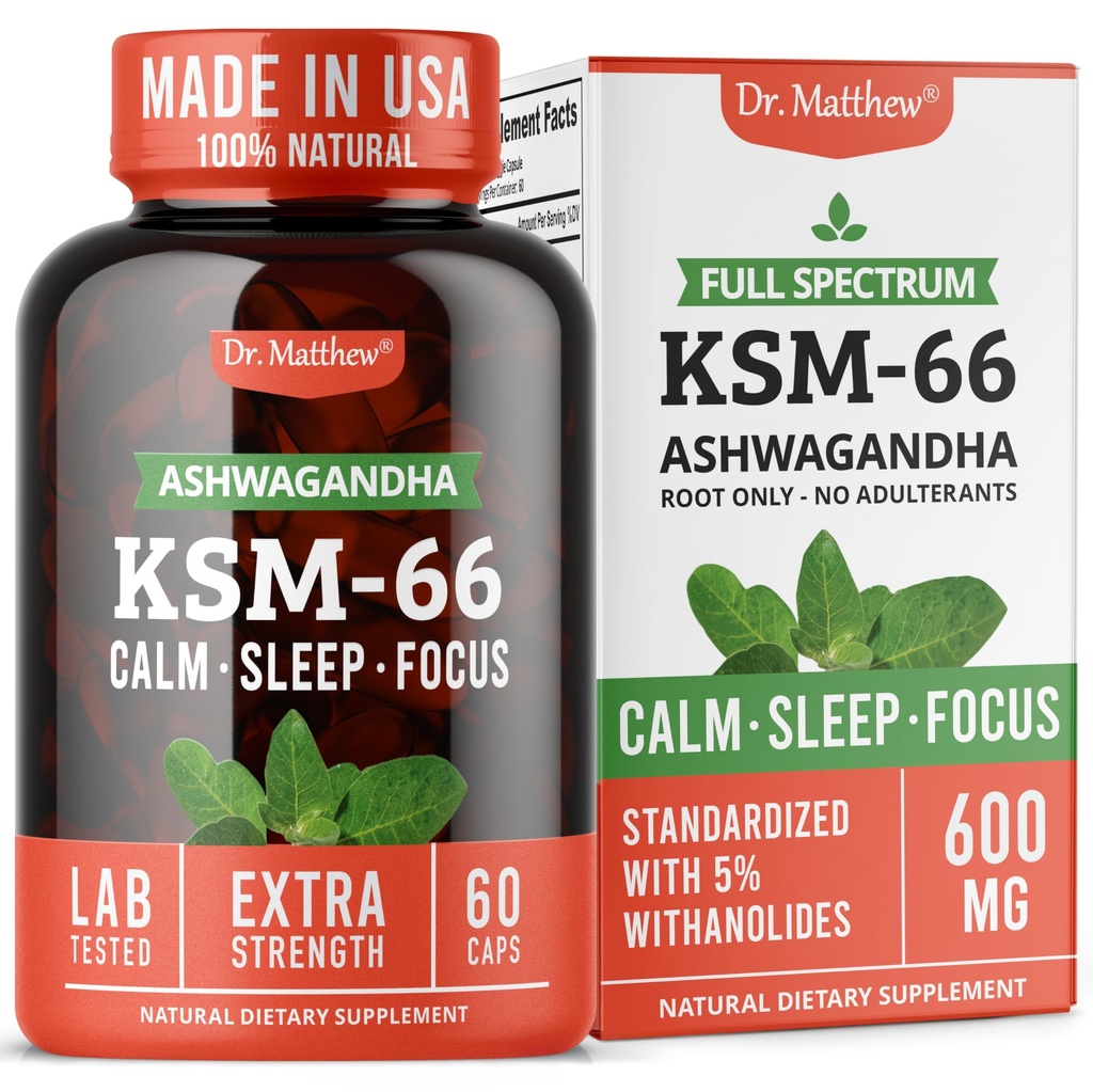 Ashwagandha KSM 66 Organic – KSM-66 ashwagandha 600mg Root Extract Full Spectrum Capsules | Standardized 5% Withanolides | Natural Stress Relief, Cortisol & Sleep Aid Supplement | Muscle Growth & Mood