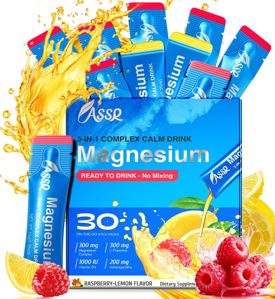 ASSR Pure Calm Cortisol Reducer Drink Sleep Aid Supplement, Ready to Drink No Mix, Triple Magnesium Glycinate, Malate, Citrate, Ashwagandha, L Theanine, Vitamin D, Sleep Relax Focus Mood Support, 30ct
