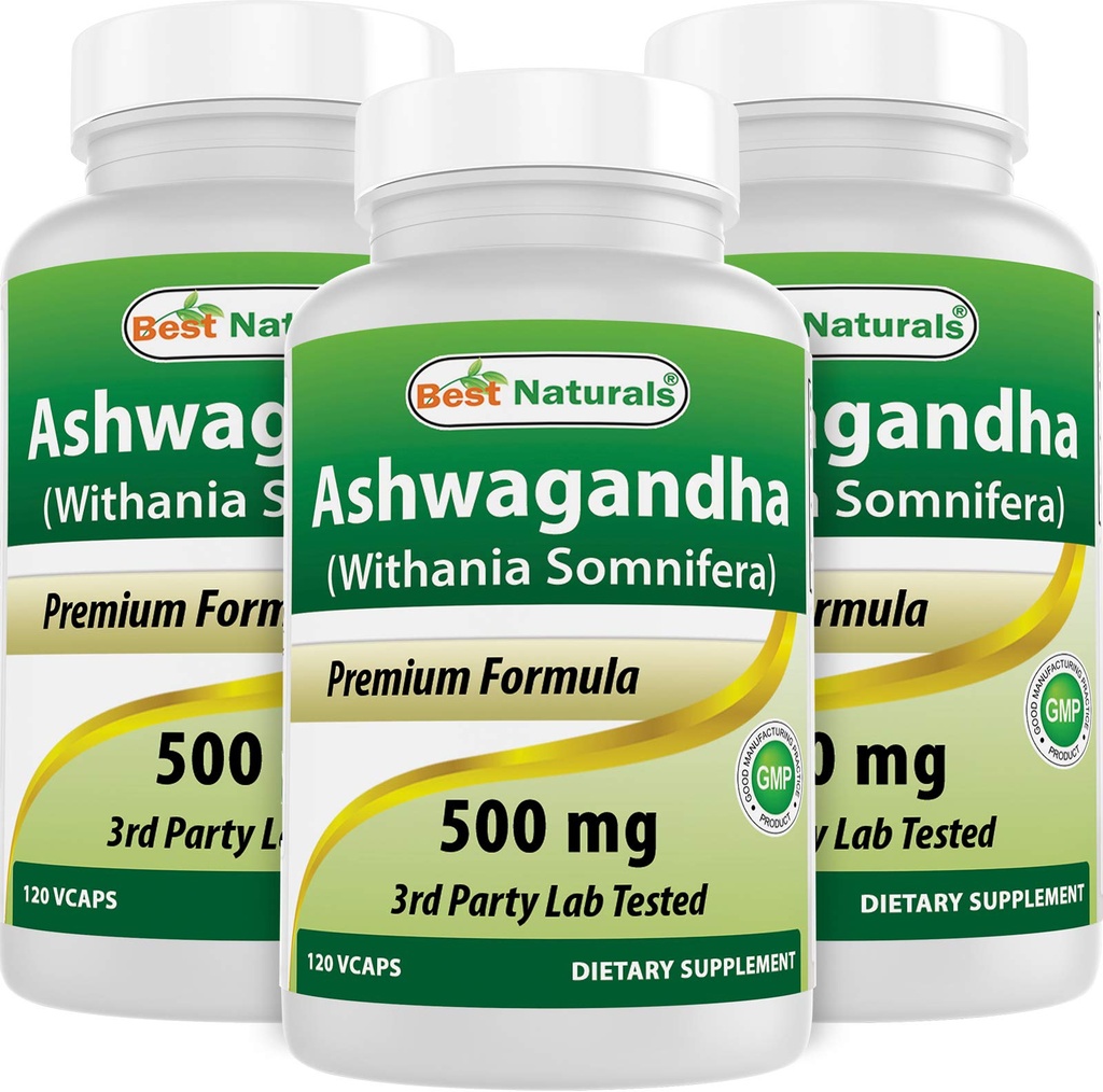 Best Naturals 3 Pack Ashwagandha Capsules for Relaxing Stress and Mood, 500 mg, 120 Count (Total 360 Capsules)