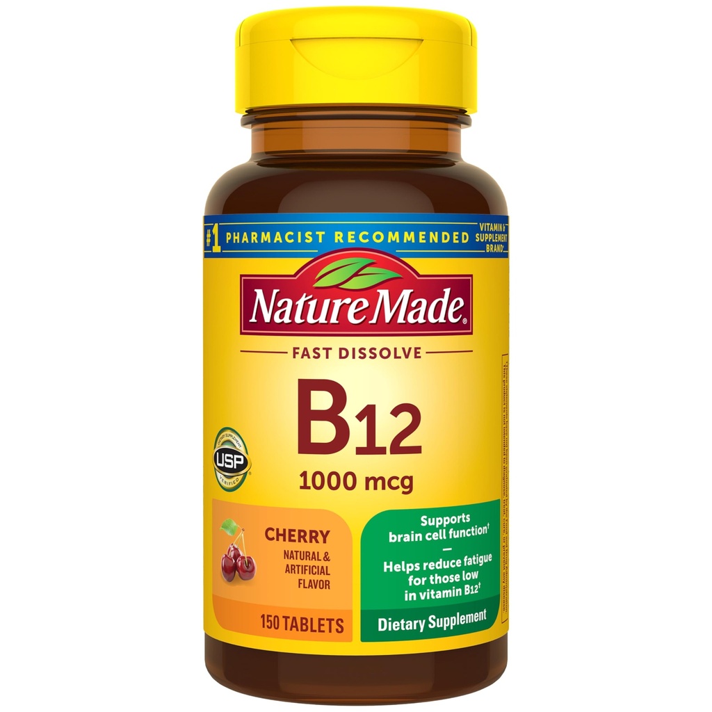 Nature Made Vitamin B12 1000 mcg, Makkelijk te nemen vitamine B12 Sublinguale tabletten voor energiemetabolisme Ondersteuning, 150 Sugar Free Fast Solution Tablets, 150 Day Supply