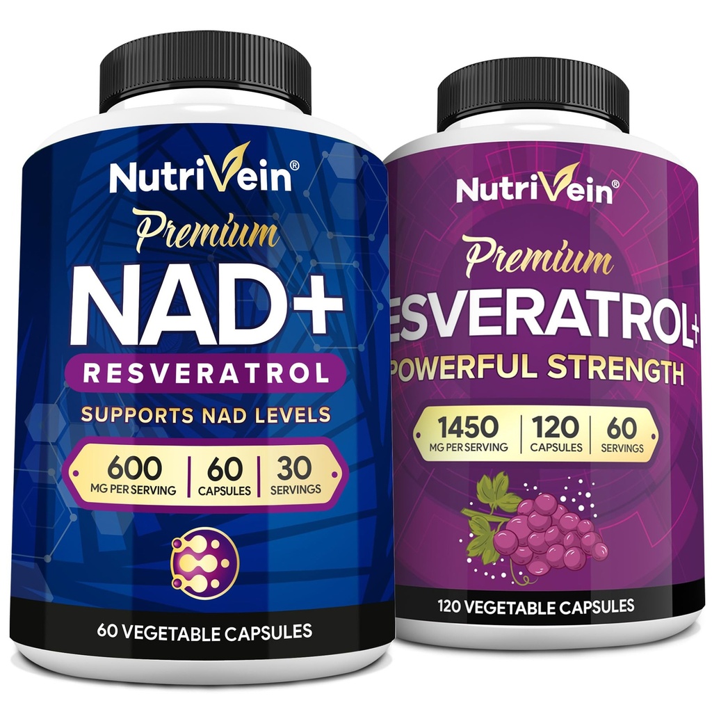 Nutrivein Premium Resveratrol & NAD Resveratrol Supplement Bundle: Powerful Synergistic Supplement Pair Enhanced with Green Tea Leaf & Acai Berry - Aging, Cognition, Defenses, Metabolism, & Joints
