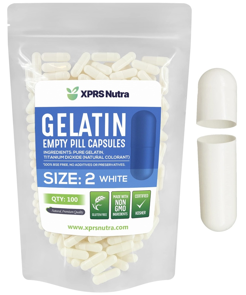 XPRS Nutra Maat 2 Lege capsules - 100 Telle Lege Gelatine Capsules - Pillen DIY Capsule Vulling - Pure Bovine Pill Gel Caps for Do-It-Yourself Supplements (White)