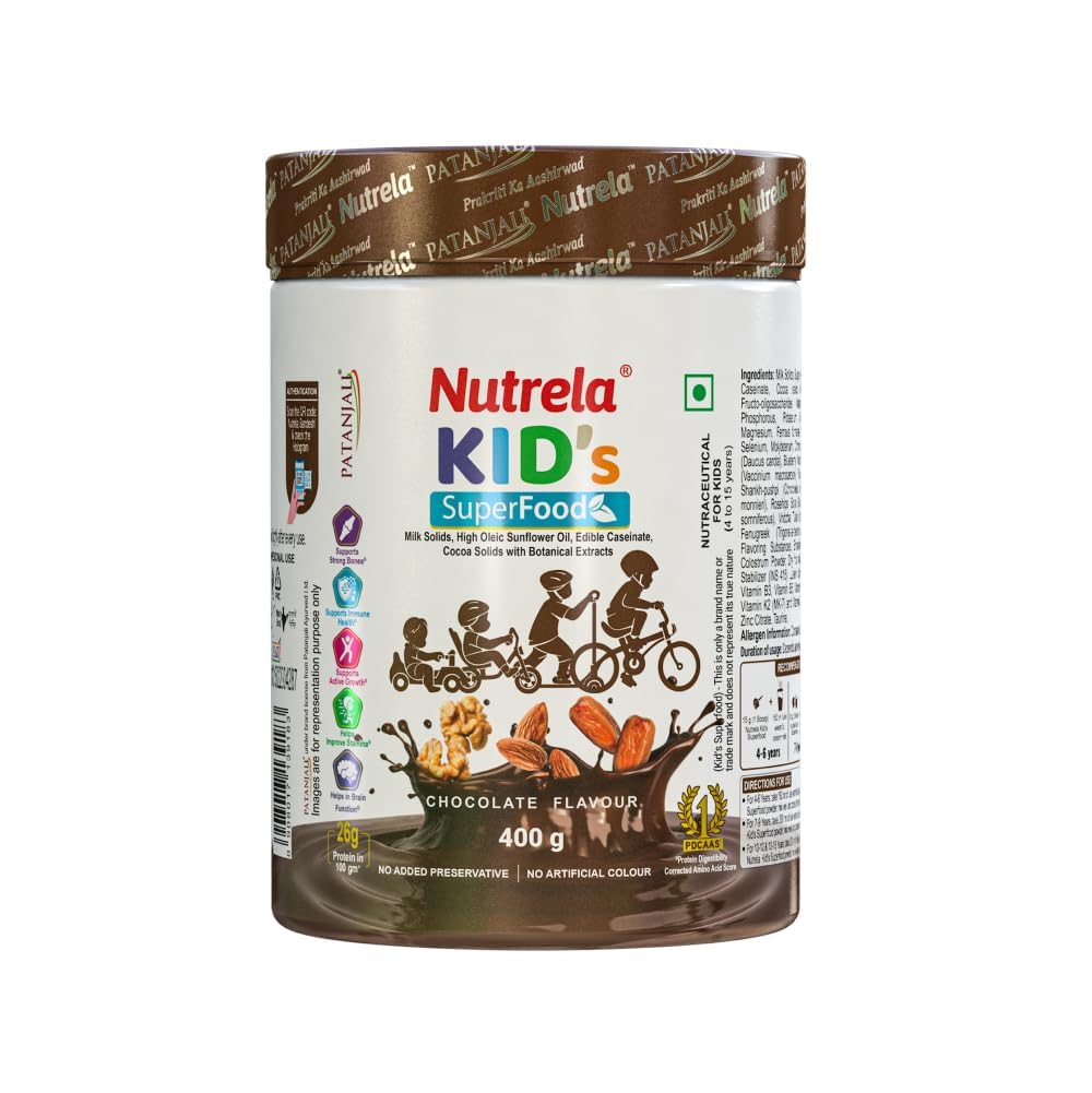 Nutrela Kids eiwitpoeder, chocoladesmaak, 400g, geheugen- en hersenontwikkeling, spiermassa, bot- en tandensterkte