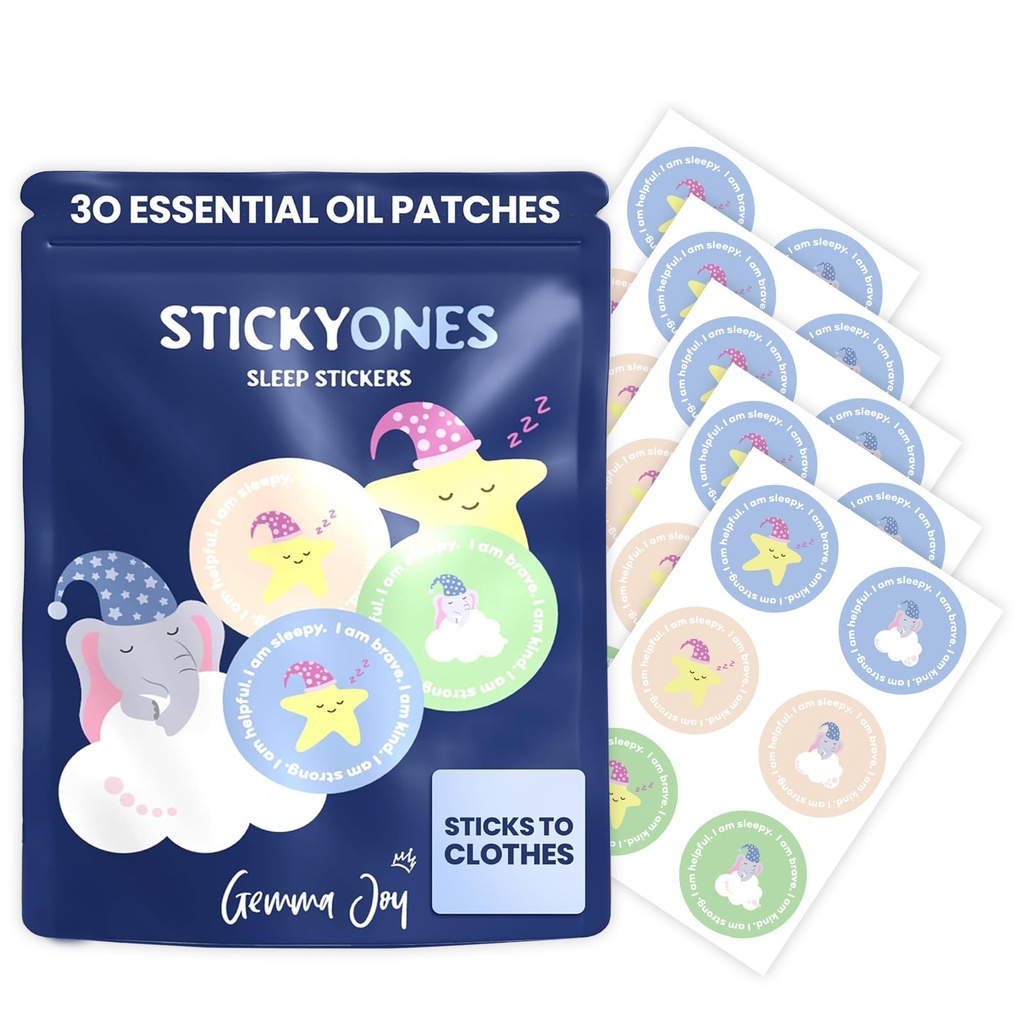 Gemma Joy StickyOnes Sleep Patches for Kids – Toddler Sleep Aid Stickers with Natural Sandalwood, Chamomile & Lavender – Melatonin-Free Sleepy Stickers for Kids, Sticks to Clothes All Night (30 Pack)