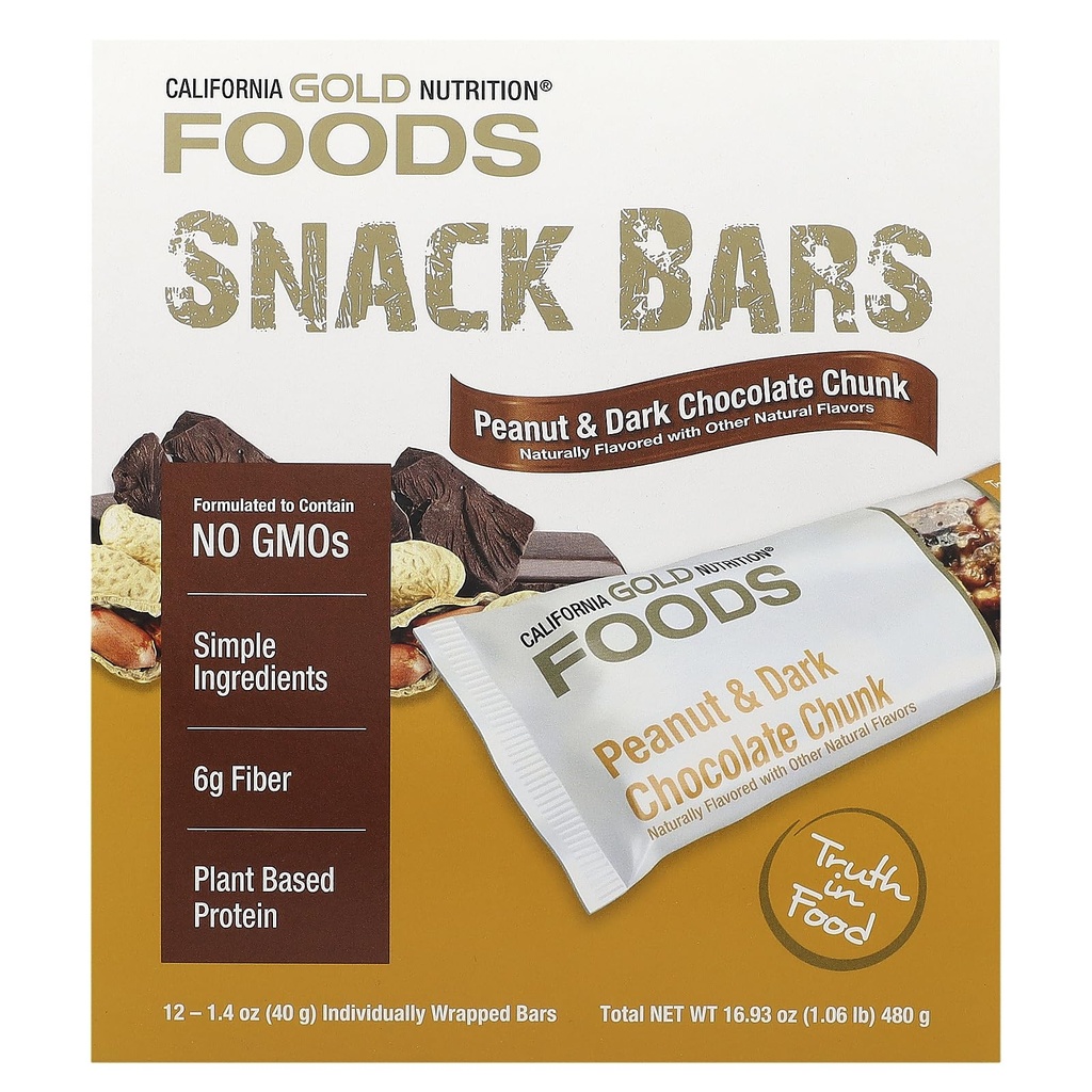 California Gold Nutrition Foods, Peanut & Dark Chocolate Chunk Bars met droge geroosterde amandelen, Chicory Root Fiber, Pea Crisps and Honing, 12 Bars, 1,4 oz (40 g) Elke