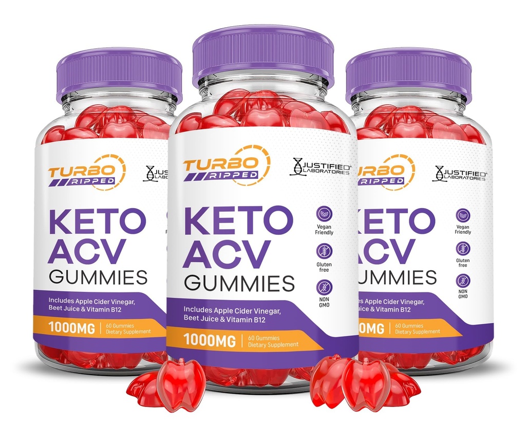 (3 Pack) Turbo Ripped Keto ACV Gummies Geavanceerde Formule 1000MG Turbo Ripped Keto Gummies Apple Cider Vinegar Geformuleerd met Granaatappel Beet Juice Powder B12 Vegan Non GMO 180 Gummys