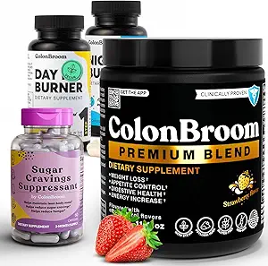 ColonBroom Premium Psyllium Husk Powder(50 Servings) + Day&Night Burner Supplements, Weight Management Pills(60 Servings) + Sugar Craving Suppressant - Chromium Picolinate 200mcg(60 Servings), 4 items