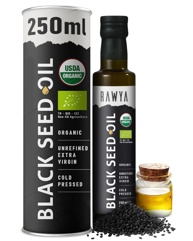RAWYA Black Seed Oil - USDA Organic Certified - Cold Pressed - 8,4 Fl oz - Extra Virgin - Turkish Black Cumin Seed - Premium Nigella Sativa met Thymochinon - Kalonji - Non-GMO, Glutenvrije - Voedingssupplementen - Extra sterke smaak