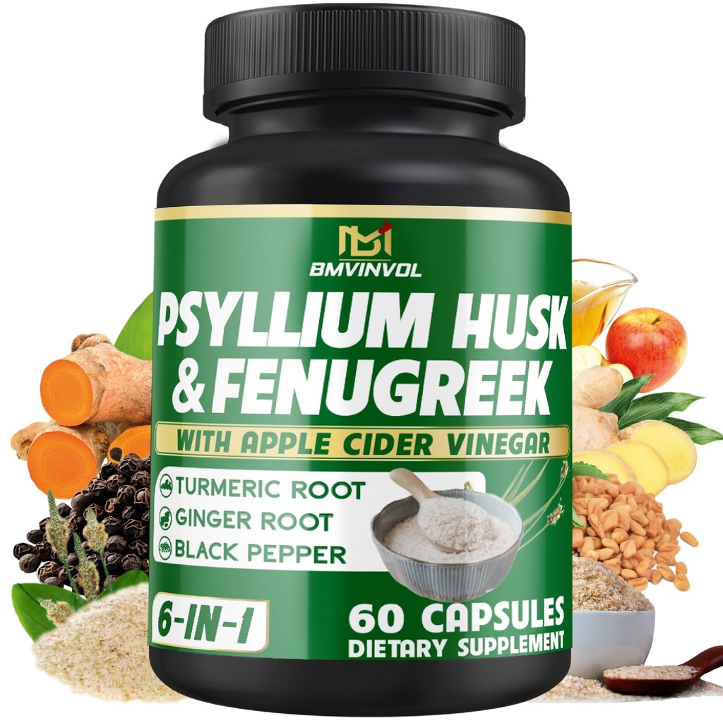 BMVINVOL Psyllium Husk Fiber Supplement t met Fenegriek, Apple Cider Vinegar, Kurkuma, Gember, Black Pepper- Digestie Gezondheidsondersteuning - 60 capsules