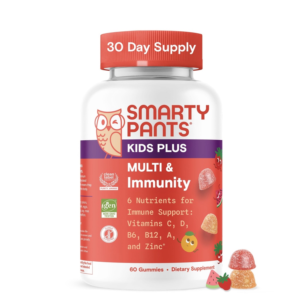 SmartyPants Kids Multivitamin & Immunity Gummies: Vitamins C, D, B6, B12, A, and Zinc for Immune Support, Biotin, Iodine, Gluten Free, Two Fruit Flavors, 60 Count (30 Day Supply)