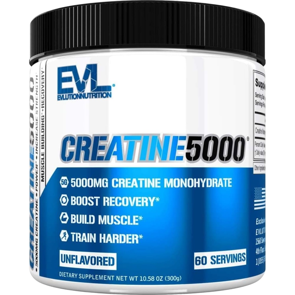 Evlutie Voeding Creatine 5000 - Ondersteunt snellere herstel, Lean Spiergroei en prestaties - Pre & post workout poeder - 5000 mg Pure Creatine Monohydraat per portie - 60 porties - Unflavored