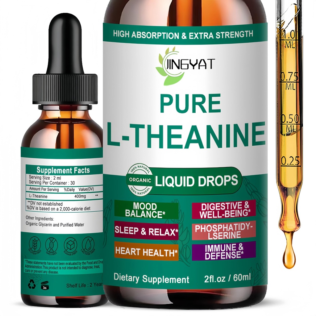 L Theanine Liquid Drops, Pure L-Theanine 400mg for Adults and Kids, Organic High Absorption L Theanine Supplement, Natural Focus Supplement, Non-GMO | Gluten Free | 30 Servings