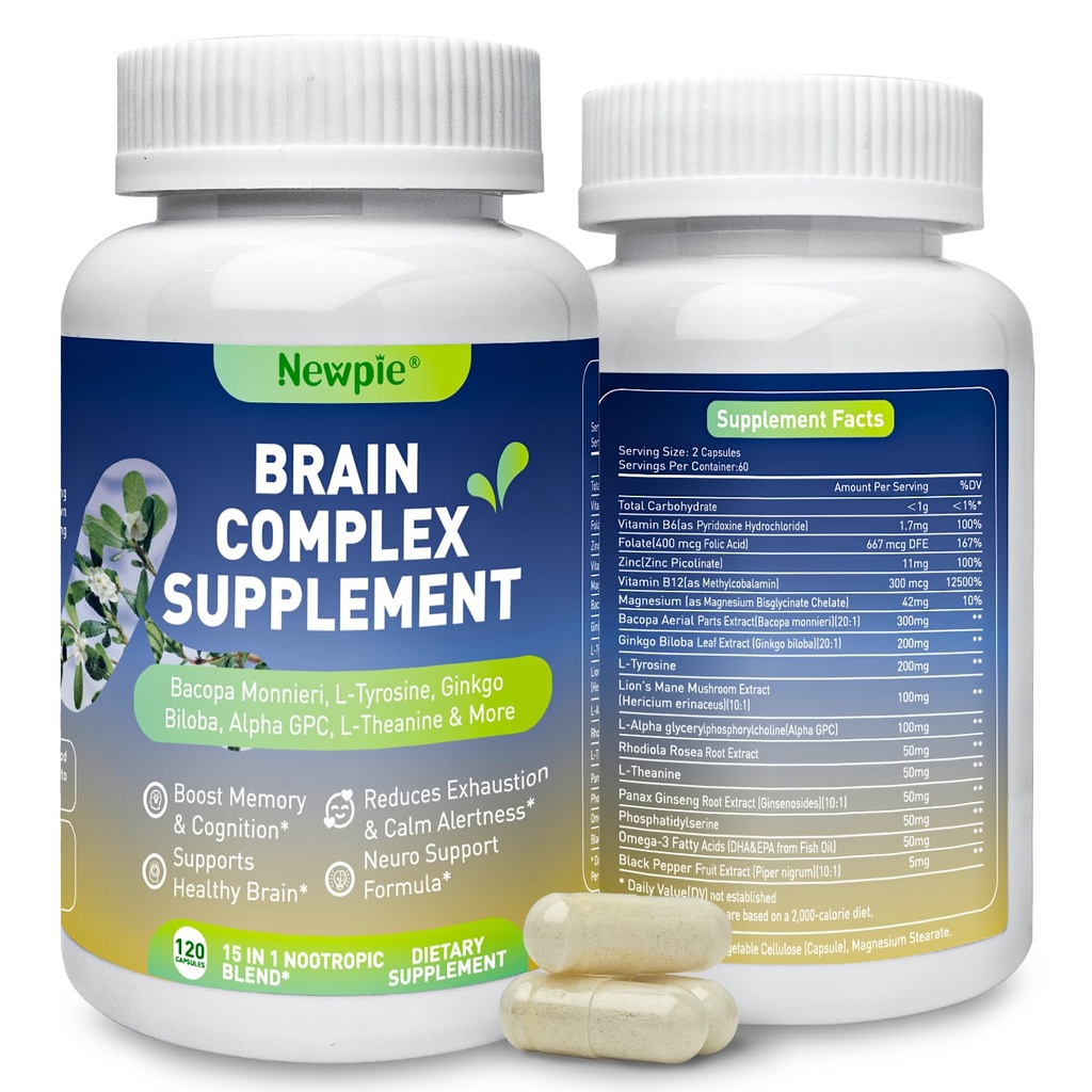 Brain Supplements for Memory & Focus,15 in 1 Brain Supplement Nootropic with Bacopa Monnieri,Alpha GPC, Ginkgo Biloba,Lion's Mane for Mental Clarity & Concentration 120 Caps (1)