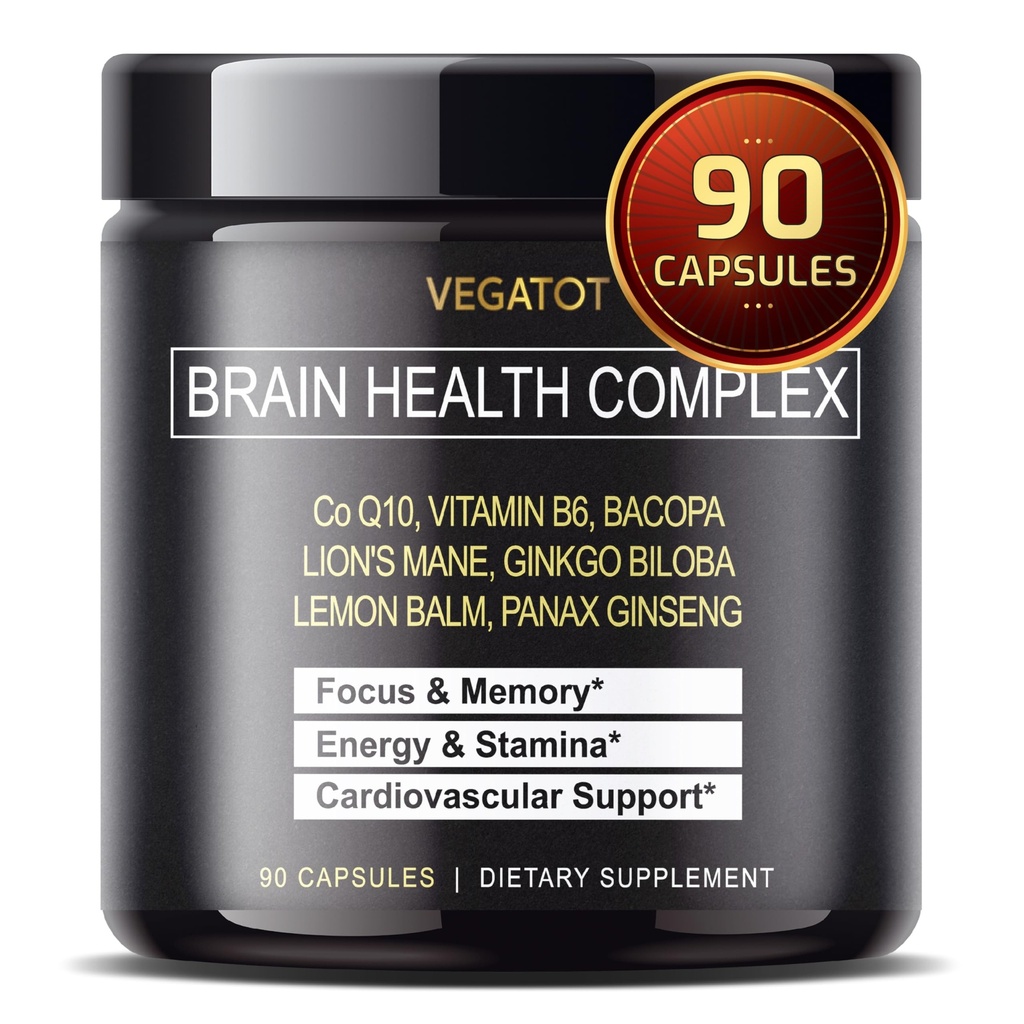 VEGATOT Brain Booster Brain Health Complex Supplement Geconcentreerd met CoQ-10 VIT B6 Lion's Mane Ginkgo Biloba Lemon Balm Ginseng - Focus Geheugen Energie