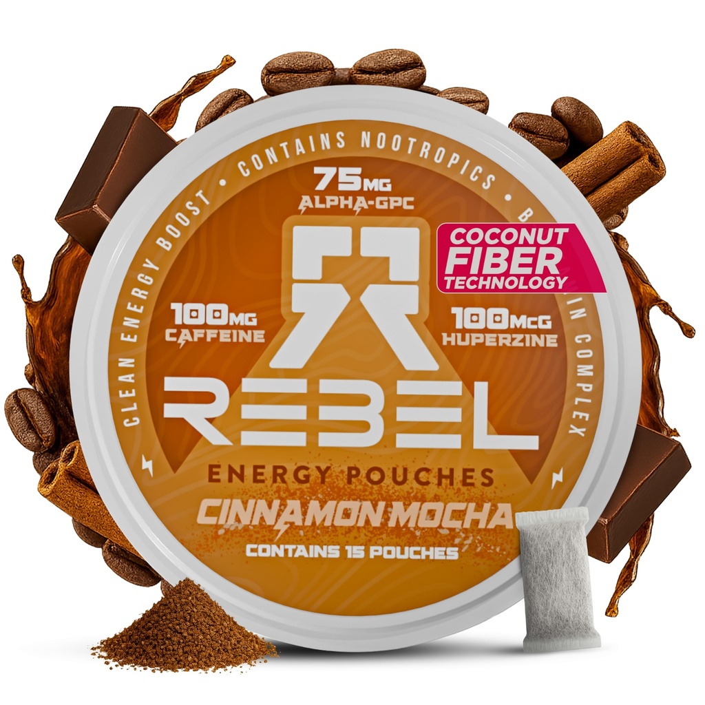 Rebel Nootropic Energy Cafeïnezakken (Cinnamon Mocha) • 100mg Cafeïne • Alpha GPC • Huperzine A & Essentiële Vitaminen • Sugar-Free • Coconut Fiber Technology • 15 zakjes per blik (verpakking van 1)