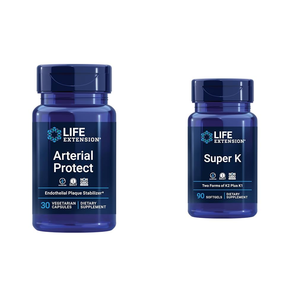 Life Extension Arterial Protect Blood Pressure Support with Gotu Kola & Pycnogenol Pine Bark Extracts Bundle with Super K Vitamin K1 K2 MK-7 MK-4 Vitamin C Bone & Arterial Health