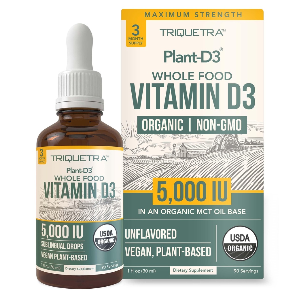 Plant-D3 Biologische Vitamine D3 5000 IE - Veganistisch, Max Sterkte Sublingual Liquid D3 Drops - 200% Hogere Absorptie - 100% Plant-Based Cholecalciferol Form - Verstelbare Dosering voor alle leeftijden (1oz Liquid)
