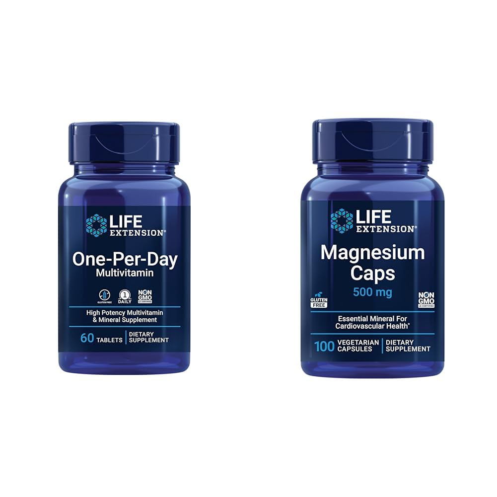 Levensverlengstuk One-Per-Day Multivitamine Verpakt met meer dan 25 Vitaminen, Mineralen & Plant Extracten & Magnesium Caps, 500 mg, Magnesium Oxide, Citraat, Succinaat, Hartgezondheid