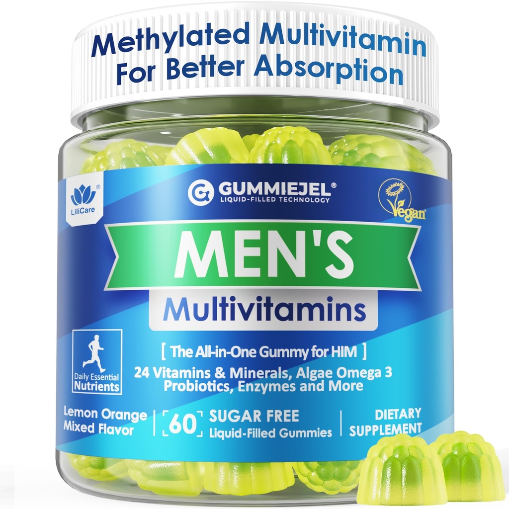 Heren Multivitaminen Gummies, Gemethyleerde Multivitamine voor mannen, B Complex, Mineralen, Vegan Omega 3, Probiotica, Enzyme, Antioxidanten voor mannen Complete Dagelijkse Ondersteuning, Suikervrij, Veganistisch (geen ijzer) 60 Tellingen