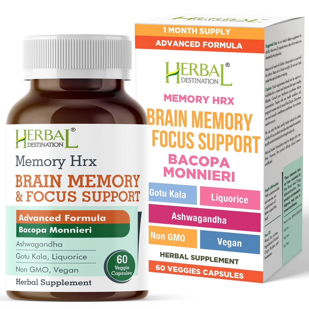 Geheugen Hrx - Hersensupplement Ondersteuning Cognitieve functie Verbetert het geheugen en de focus, Hersenvitaminen en Cognitieve Supplement, Glutenvrije Zuivelvrij - 60 Vegetarische Capsules