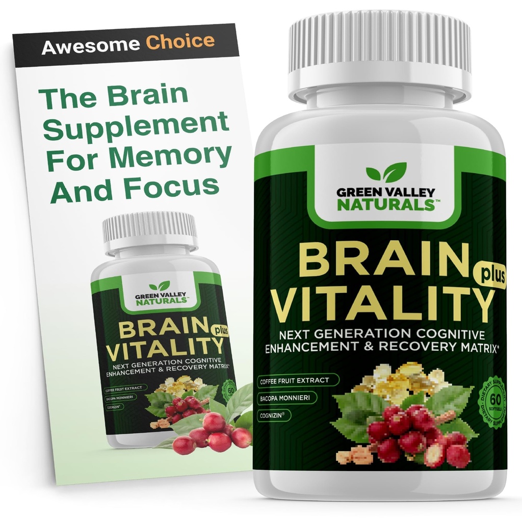 GREEN VALLEY NATURALS Brain Vitality Plus™ – Brain Health & Cognitive Support for Memory, Focus & Mental Clarity with Cognizin® Citicoline, Bacopa Monnieri & DHA Omega-3 | 60 Softgels