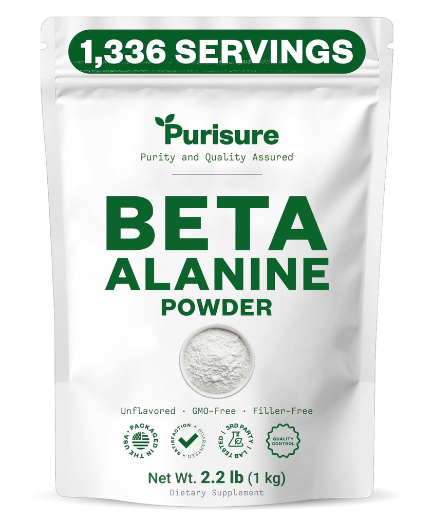 Purisure Beta Alanine Powder 1kg, Pure Beta Alanine Pre-Workout Supplement voor duurzame energie, Beta Alanine Pre Workout Powder voor mannen en vrouwen, Alanine Supplement voor endurance, 1.336 Servers