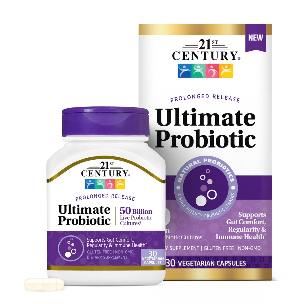21st Century Ultimate Probiotic 50 Billion Live Cultures, Daily Digestive & Gut Health Probiotic Supplement, Prolonged Release Vegetarian Capsules, 4 Strains, 30 Count