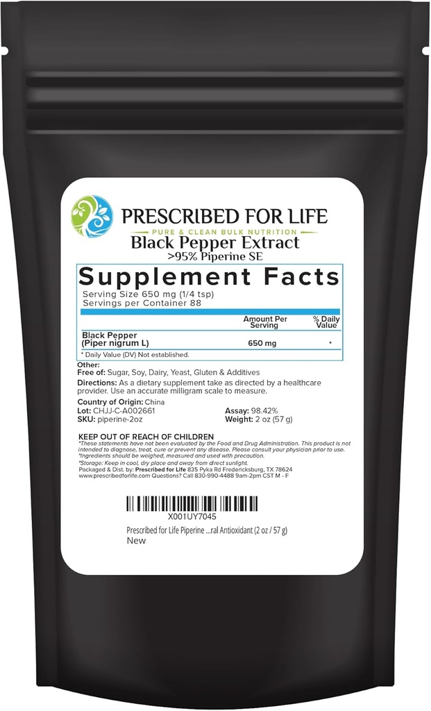 Voorgeschreven voor het leven Piperine Poeder, 95% Black Pepper Extract Poeder, Boosts Nutriënt Absorptie, Glutenvrij, Veganistisch, Niet GGO, Natuurlijke Antioxidant (2oz / 56g)