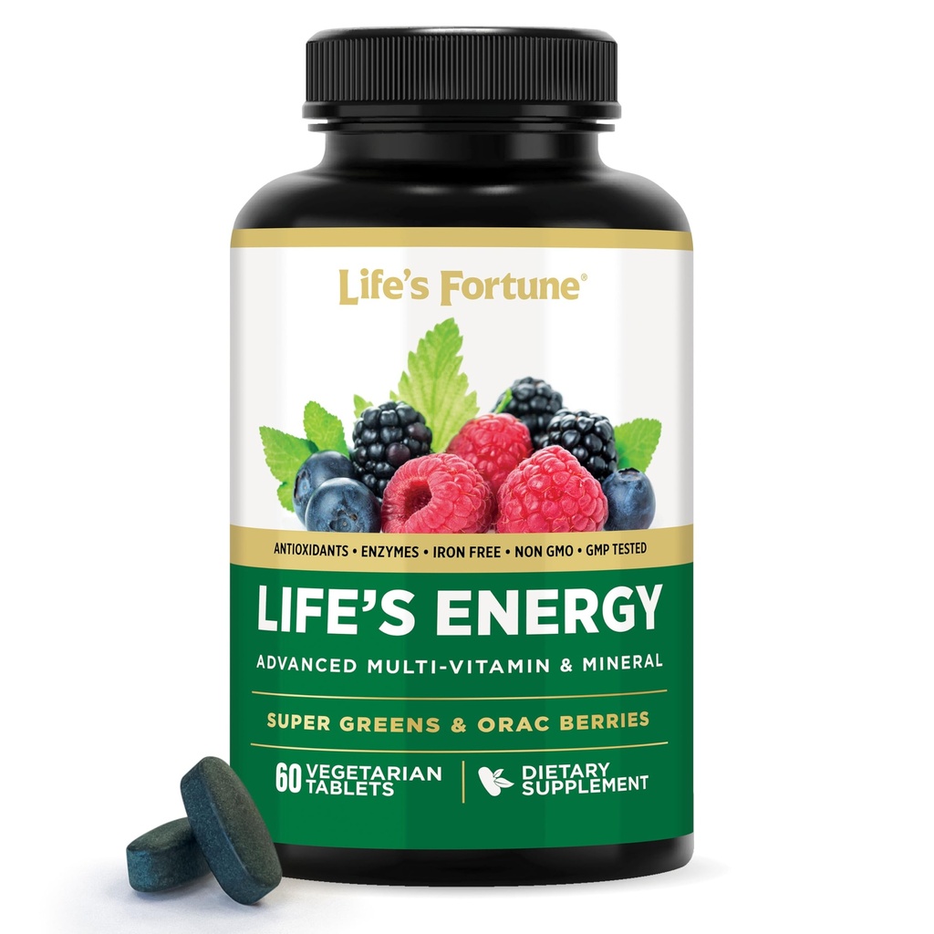 Life's Energy Advanced Daily Multivitamin for Men & Women, Energy and Immune Support Supplement with Super Greens, Antioxidants, Enzymes - Iron Free, Vegetarian, 60 Tablets by Life's Fortune