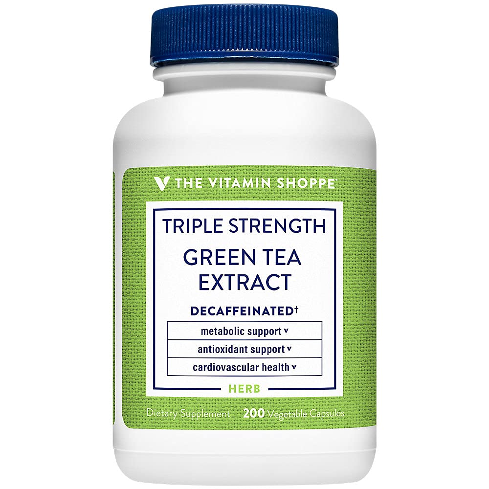The Vitamin Shoppe Green Tea Extract 750mg - Fat Metabolism & Antioxidant | EGCG Polyphenols Decaf | 200 Veggie Caps | Triple Strength