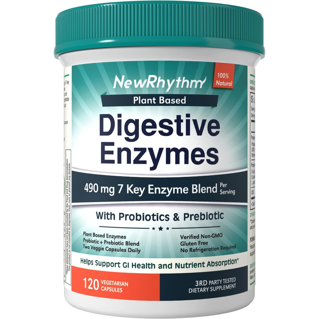 NewRhythm Digestive Enzymes 490 mg, met Probiotica & Prebiotica & Prebiotica, Plant Based, 7 belangrijke enzymen, spijsvertering, Nutriënt Absorptie, Protease Amylase & Lipase, 120 Vegan Capsules