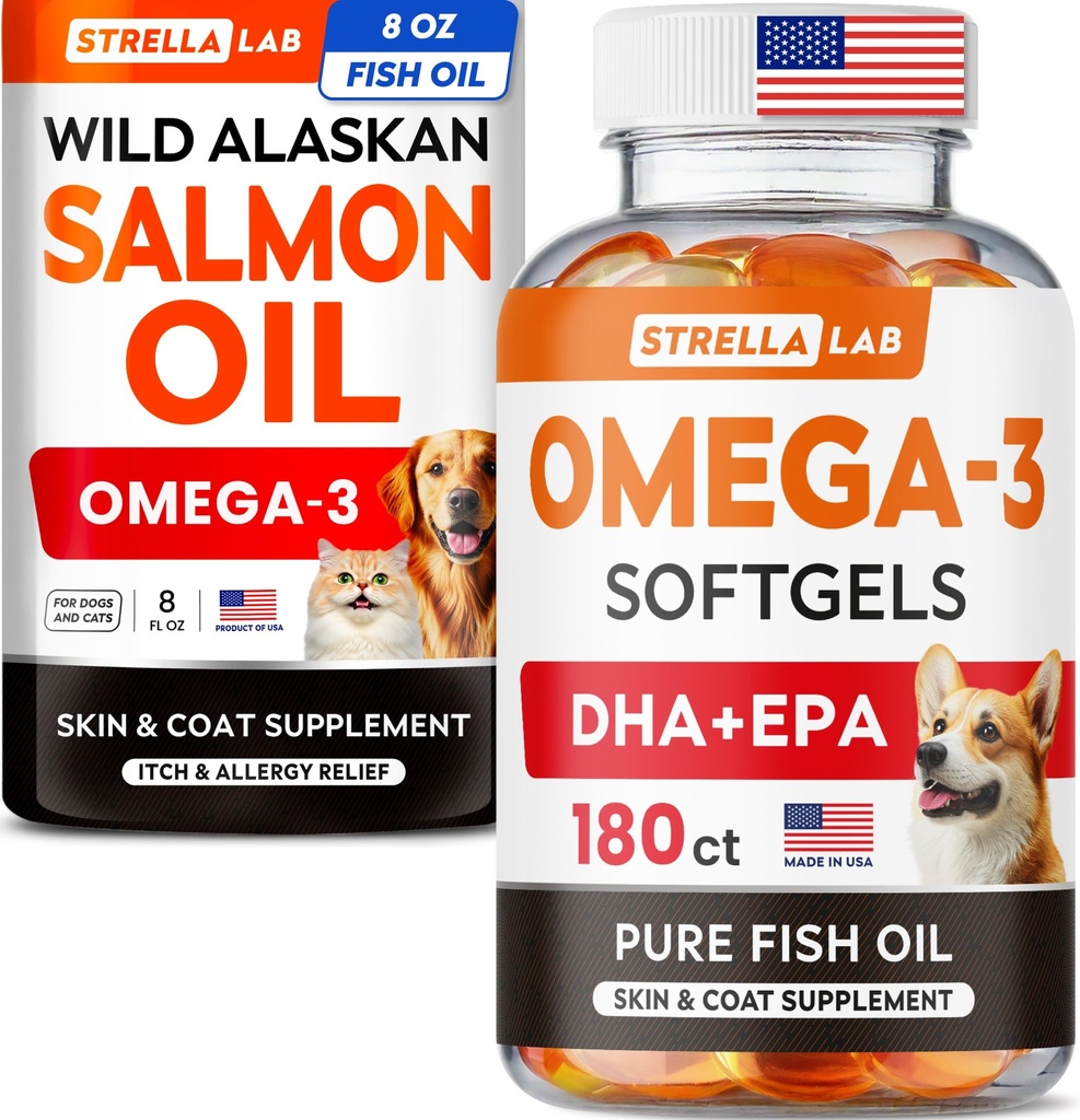 STRELLALAB Omega 3 Salmon Oil + Softgels Bundle – Skin, Coat & Itch Relief + Joint & Heart Support – EPA & DHA Fatty Acids – 8 Fl Oz Liquid + 180 Softgels – Reduce Shedding – Made in USA