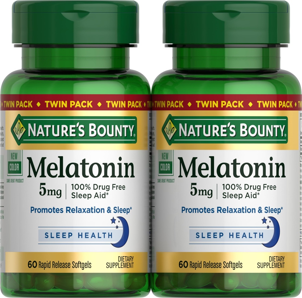 Nature's Bounty Melatonine 5mg, 100% Drug Gratis Slaaphulp, Dieetsupplement voor Relaxatie en Slaap Gezondheid - 4 maanden Supply, 60 Rapid Release Softgels Twin Pack (120ct)