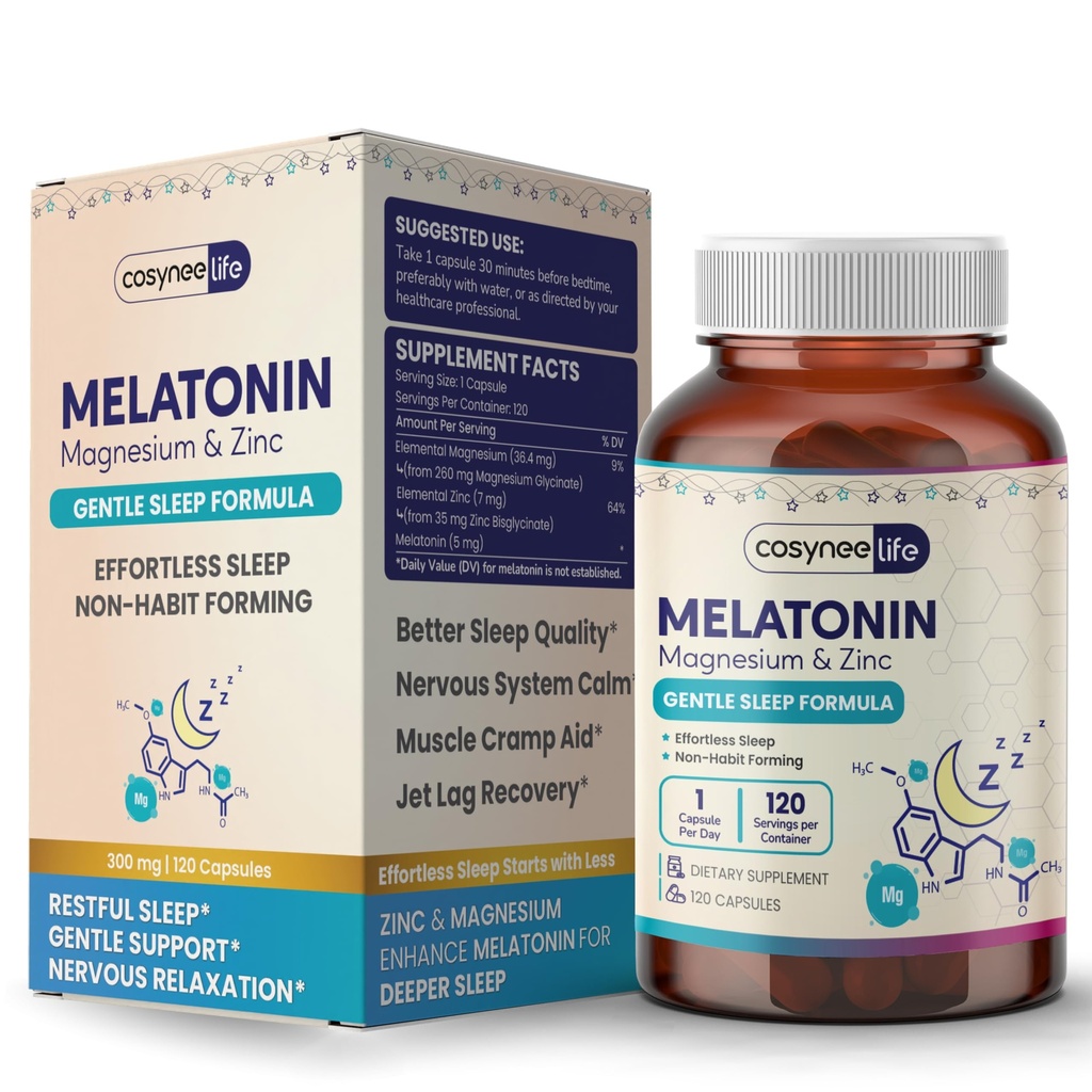 Melatonin 5mg with Magnesium Glycinate 300mg | Sleep Support Formula | 120 Capsules | 4 Month Supply