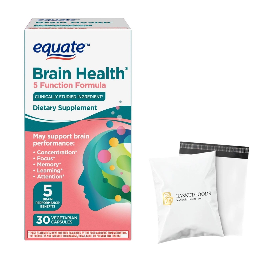 Brain Health, 5 Function Formula Capsules, Dietary Supplement, with Decaffeinated Coffee Fruit Extract and Phosphatidylserine 100mg, 30 Count by Equate - Set by Basket Goods