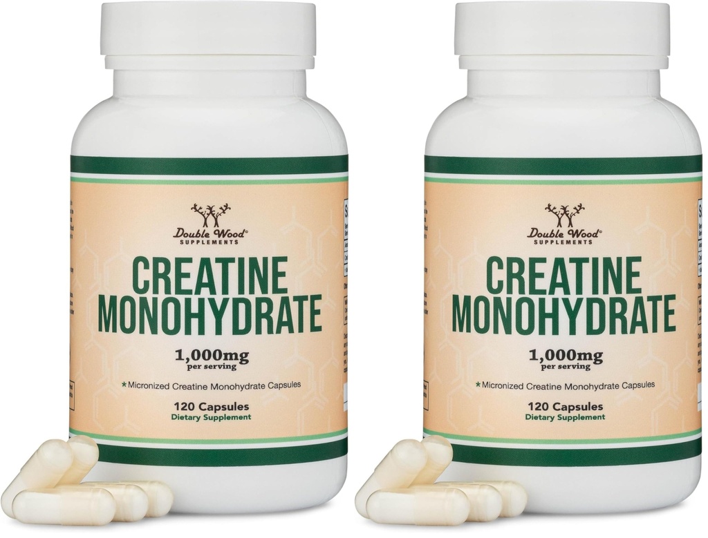 Creatine Monohydraat Capsules - 1g per portie, 120 Tel - Geen fillers, Vegan Safe, Non-GMO, Glutenvrij door dubbel hout (verpakking van 2)