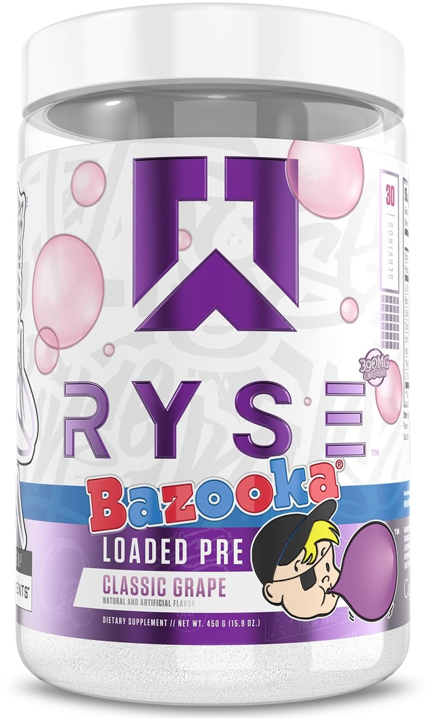 RYSE geladen pre-workout poeder - Bazooka Grape - Dagelijkse pre-workout voor mannen en vrouwen met 390 mg cafeïne, Beta Alanine en Citrulline voor pomp, focus en energie - 30 porties