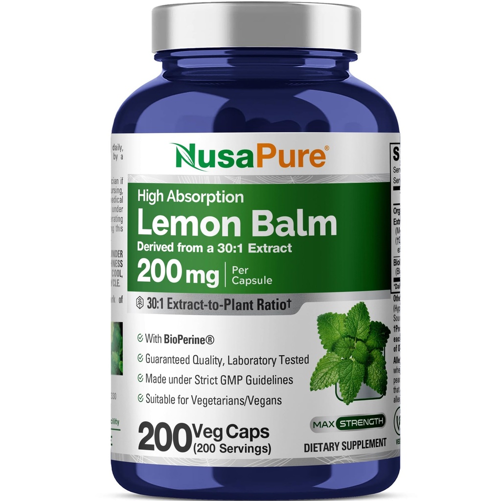 NusaPure Lemon Balm 30:1 Extract, 200 mg Equivalent aan 6000mg Per Vegan Caps - 200 Graaf Non-GMO, Vegan Bioperine