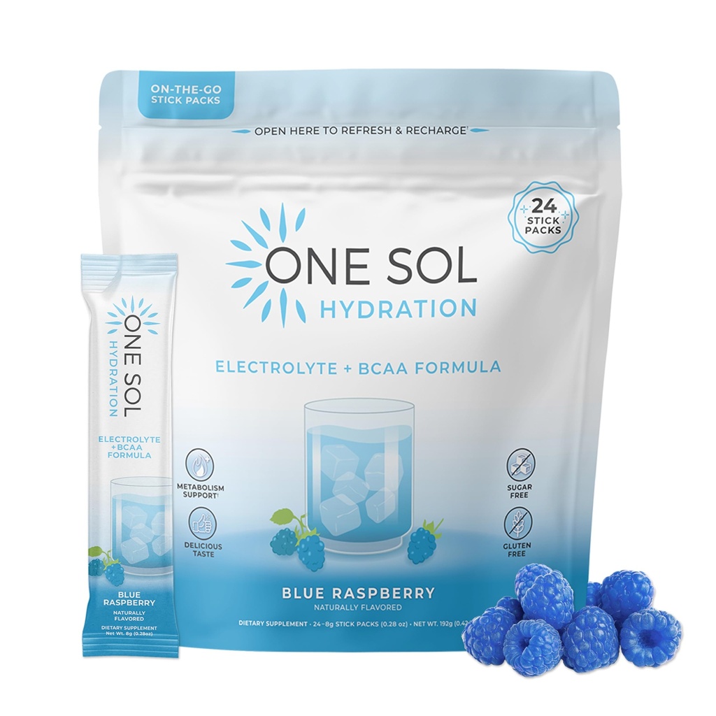 Een Sol BCAA & Electrolyte poeder voor hydratatie en energie, natuurlijke formule, 100% veganistisch, niet-GMO, glutenvrij en sojavrij, bevordert spiergroei en herstel, natuurlijke blauwe framboos smaak