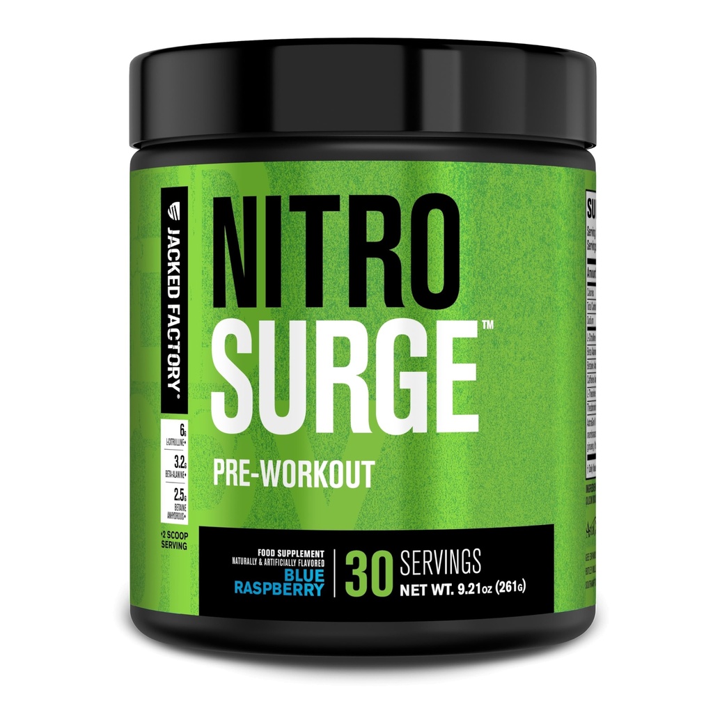 Ge Jacked Factory NITROSURGE Pre-workout Supplement - Energie Booster, Instant Strength Gains, Duidelijke Focus & Intense Pumps - NO Booster & Krachtige voorbewerking energiepoeder - 30 porties, Blauwe Framboos