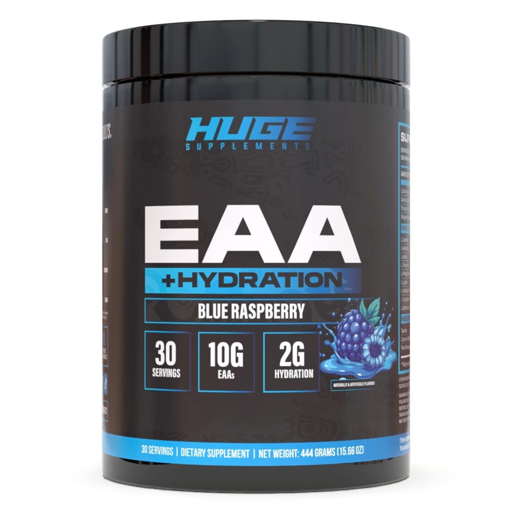 Enorme EAA + Hydratatie, essentiële Aminozuren Poeder, EAA's & BCAA's, Intra & Post Workout Herstel Poeder, Spiergroei, Herstel & Performance, 10 g EAA's & Elektrolyten, 30 porties (Blauwe Raspberry)