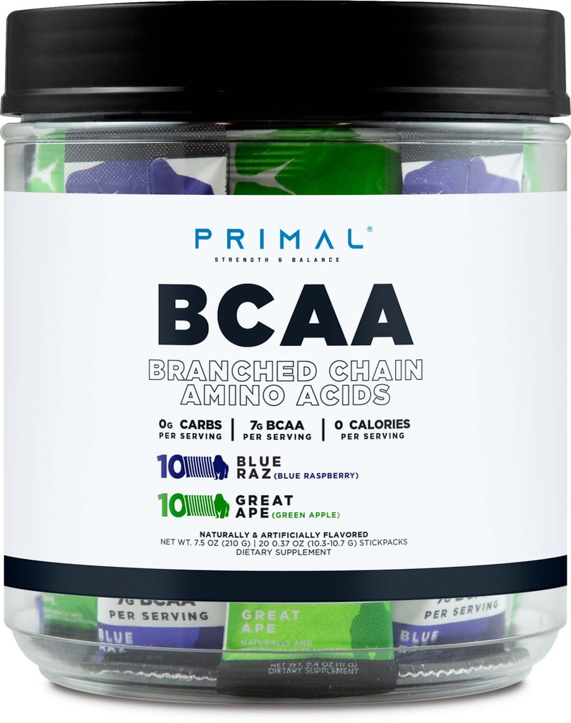 Primal BCAA Variety Pack, Blue Raspberry + Great Ape Green Apple Flavored (20 Stickpacks) - 7G BCAA per Serving, vertakte keten Aminozuren