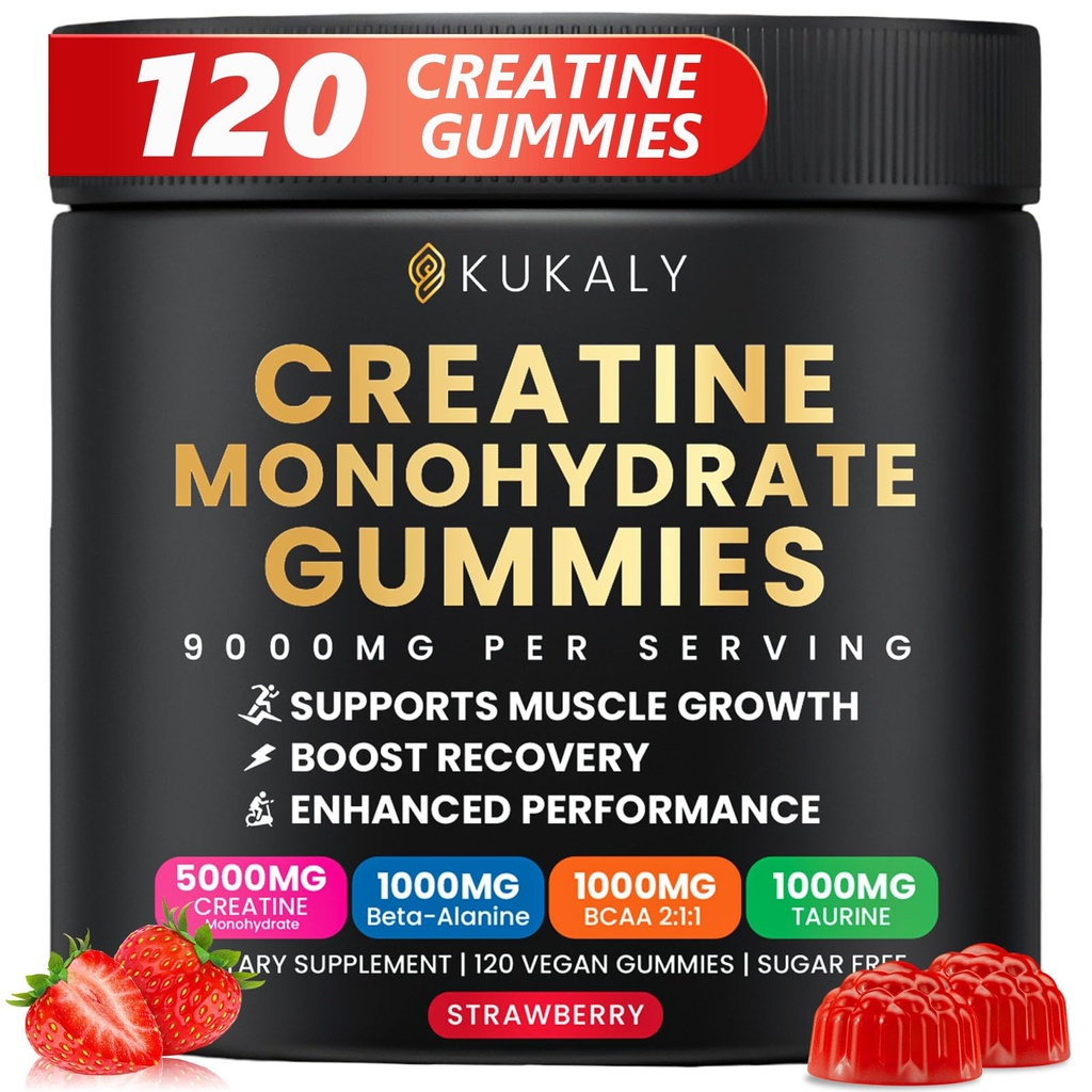 Creatine Monohydraat Gummies for Men & Women, 9000MG Creatine Gummies Sugar Free with L-Taurine, BCAA 2:1, B12 B6 for Boost Strength, Focus & Endurance, Vegan, Non-GMO, Aardbei, 120st
