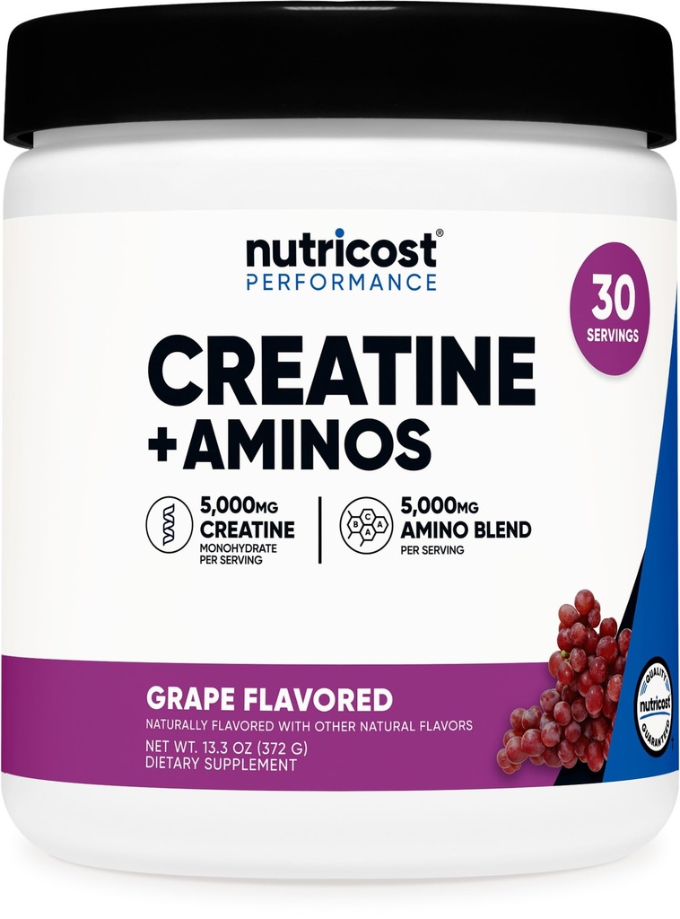 Nutricost Creatine + Aminos 30 Serves (Grape Flavored) - 5.000mg Creatine Monohydraat + 5000mg Amino BCAA Blend Per Serving